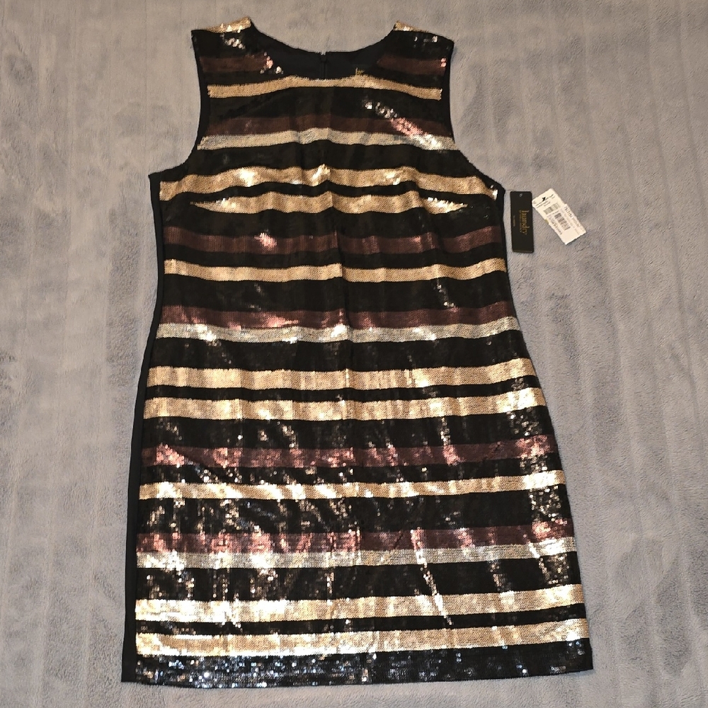 Laundry By Shelli Segal Black and Gold Striped Sequin Dress Gorgeous Size 14